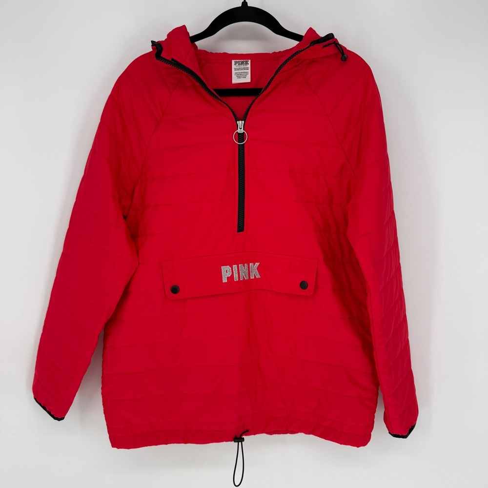 VICTORIA'S SECRET PINK HALF ZIP PUFFER SPORTS JACKET ANORAK XS/S RED OVERSIZED